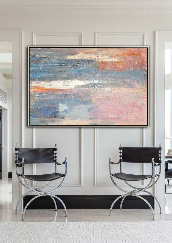 Large Abstract Art Handmade Oil Painting,Oversized Horizontal Contemporary Art,Hand Painted Aclylic Painting On Canvas,Pink,Blue,Grey.etc